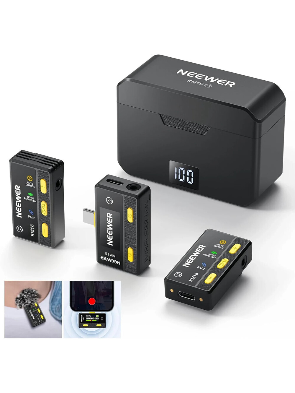 NEEWER KM16 Wireless Lavalier Microphone System Type-C Lapel Mic Charging Case